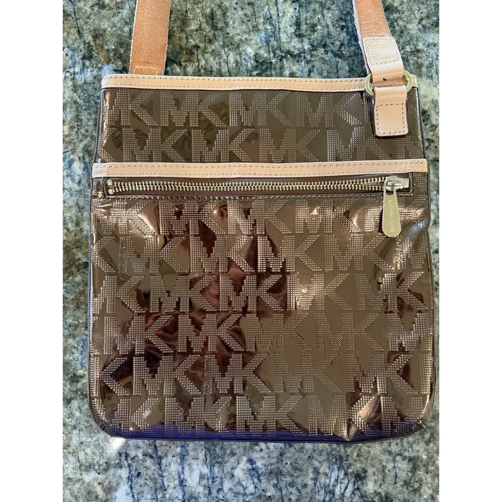 MICHAEL KORS JET SET SIGNATURE FLAT CROSSBODY 7X8.75 Cocoa LEATHER BAG